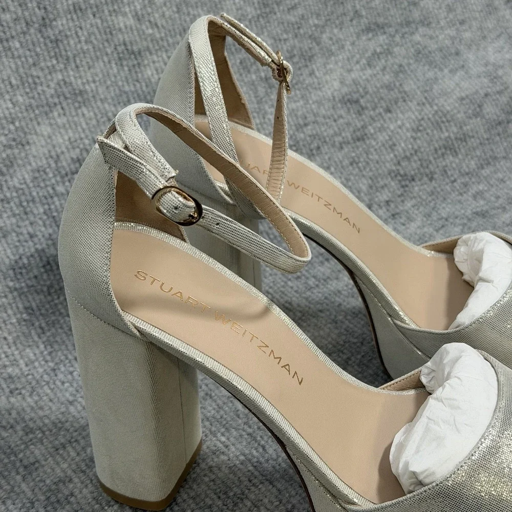 Stuart Weitzman Size-8.5B Sabrina Platform Linen Leather Shimmer Beige $575